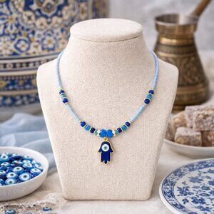 Turkish Handmade 18K Gold Plated Hamsa Evil Eye Blue Bead Boho Layering Necklace